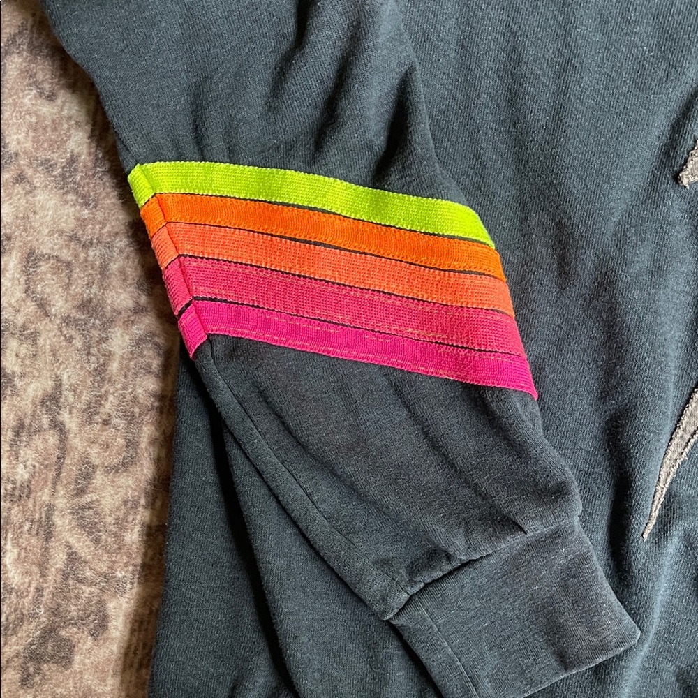 Aviator Nation Black Crewneck with Neon Rainbow Sleeve Stripes - Picture 3 of 6